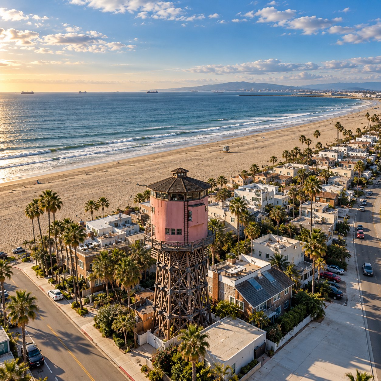 Aerial view of the Sunset Beach water tower, the beach and the Pacific